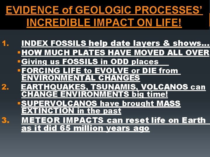 EVIDENCE of GEOLOGIC PROCESSES’ INCREDIBLE IMPACT ON LIFE! 1. 2. 3. INDEX FOSSILS help