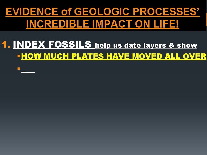 EVIDENCE of GEOLOGIC PROCESSES’ INCREDIBLE IMPACT ON LIFE! 1. INDEX FOSSILS help us date
