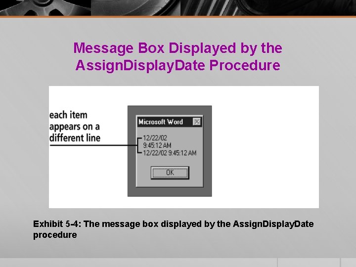 Message Box Displayed by the Assign. Display. Date Procedure Exhibit 5 -4: The message Message Box Displayed by the Assign. Display. Date Procedure Exhibit 5 -4: The message