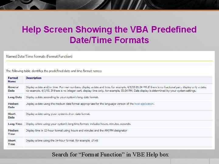 Help Screen Showing the VBA Predefined Date/Time Formats Search for “Format Function” in VBE Help Screen Showing the VBA Predefined Date/Time Formats Search for “Format Function” in VBE