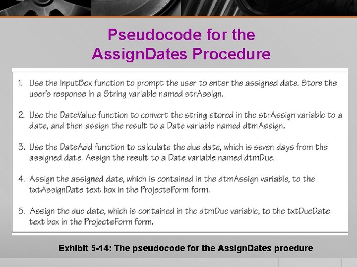 Pseudocode for the Assign. Dates Procedure Exhibit 5 -14: The pseudocode for the Assign. Pseudocode for the Assign. Dates Procedure Exhibit 5 -14: The pseudocode for the Assign.
