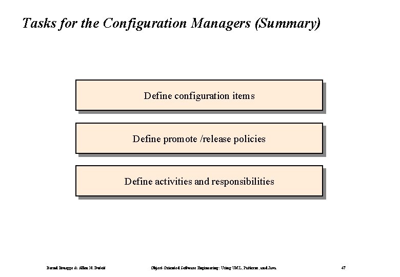 Tasks for the Configuration Managers (Summary) Define configuration items Define promote /release policies Define Tasks for the Configuration Managers (Summary) Define configuration items Define promote /release policies Define