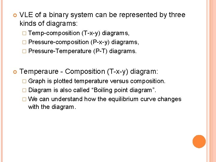  VLE of a binary system can be represented by three kinds of diagrams: