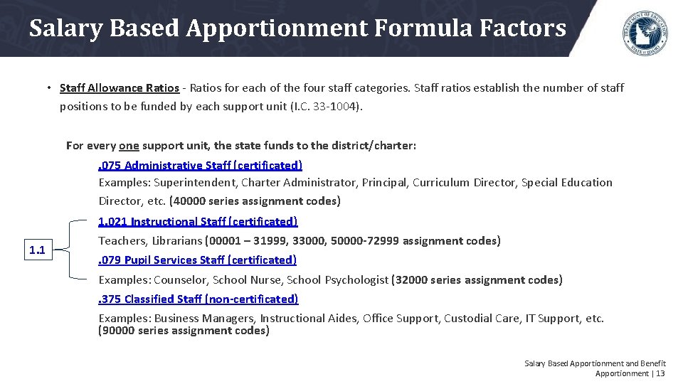 Salary Based Apportionment Formula Factors • Staff Allowance Ratios - Ratios for each of