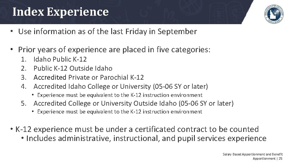 Index Experience • Use information as of the last Friday in September • Prior