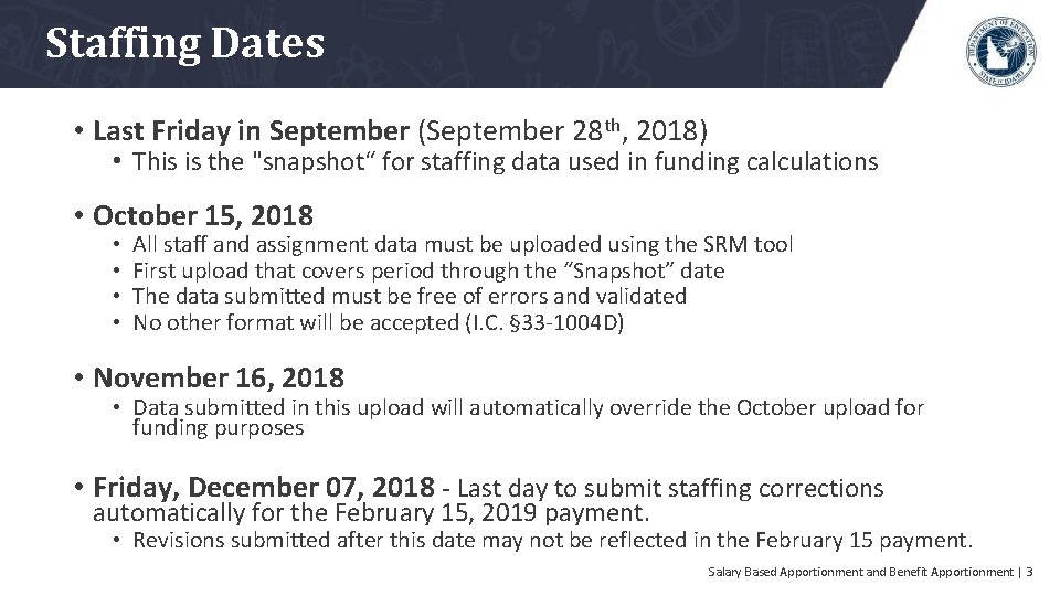 Staffing Dates • Last Friday in September (September 28 th, 2018) • This is
