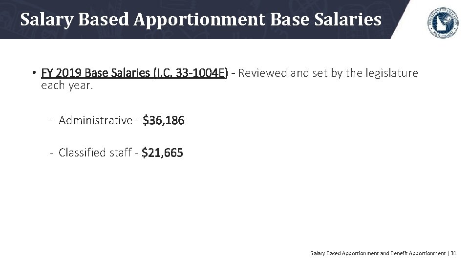 Salary Based Apportionment Base Salaries • FY 2019 Base Salaries (I. C. 33 -1004