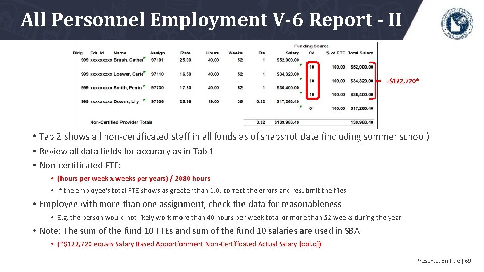 All Personnel Employment V-6 Report - II =$122, 720* • Tab 2 shows all