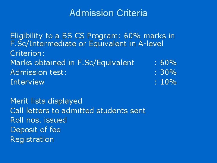 Admission Criteria Eligibility to a BS CS Program: 60% marks in F. Sc/Intermediate or