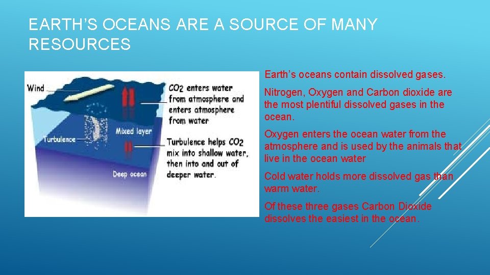 EARTH’S OCEANS ARE A SOURCE OF MANY RESOURCES Earth’s oceans contain dissolved gases. Nitrogen,