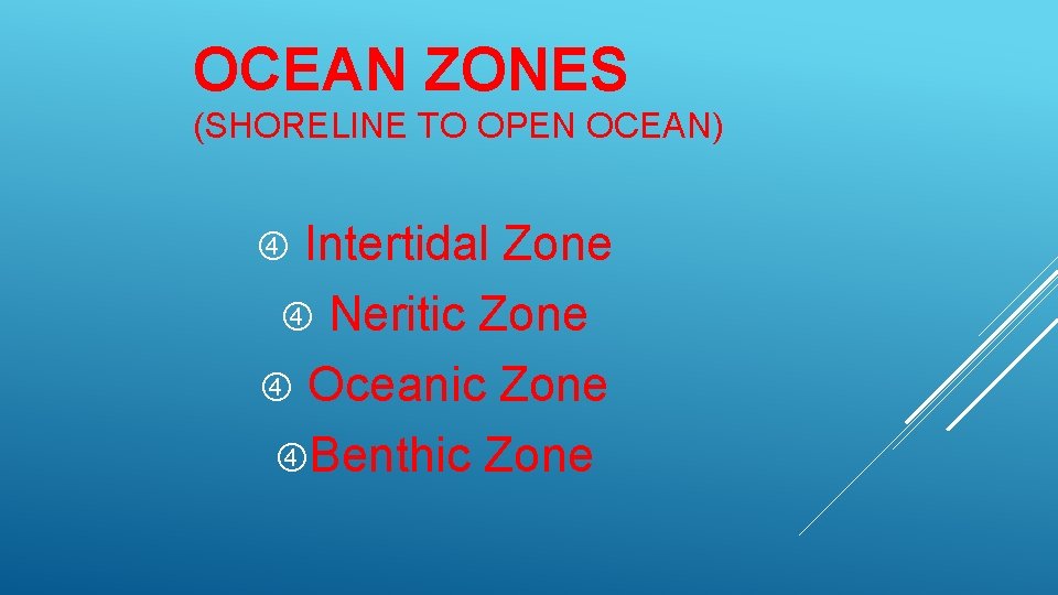 OCEAN ZONES (SHORELINE TO OPEN OCEAN) Intertidal Zone Neritic Zone Oceanic Zone Benthic Zone