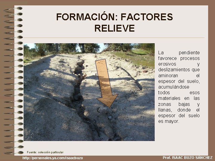 FORMACIÓN: FACTORES RELIEVE La pendiente favorece procesos erosivos y deslizamientos que aminoran el espesor