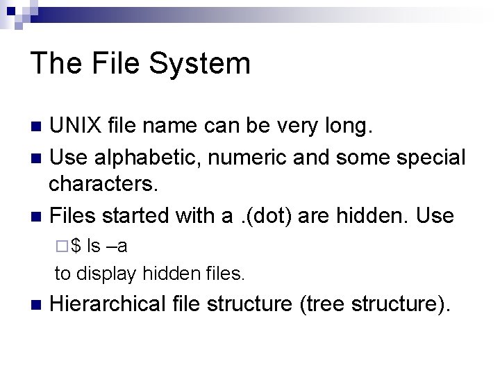 The File System UNIX file name can be very long. n Use alphabetic, numeric