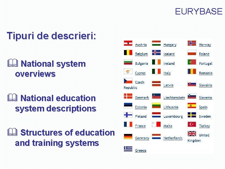EURYBASE Tipuri de descrieri: & National system overviews & National education system descriptions &