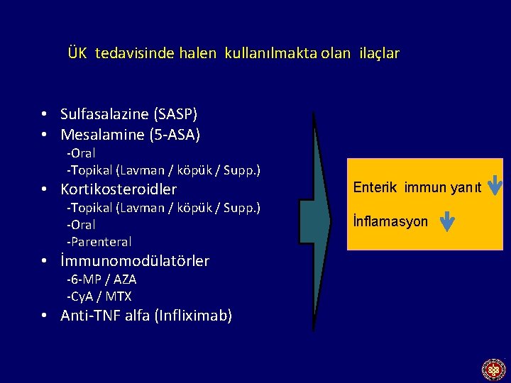 ÜK tedavisinde halen kullanılmakta olan ilaçlar • Sulfasalazine (SASP) • Mesalamine (5 -ASA) -Oral