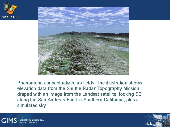 Mobile GIS Phenomena conceptualized as fields. The illustration shows elevation data from the Shuttle Mobile GIS Phenomena conceptualized as fields. The illustration shows elevation data from the Shuttle