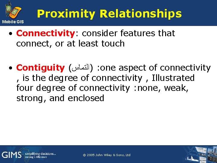 Mobile GIS Proximity Relationships • Connectivity: consider features that connect, or at least touch Mobile GIS Proximity Relationships • Connectivity: consider features that connect, or at least touch
