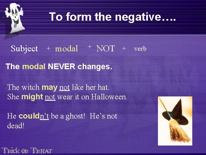 To form the negative…. Subject + modal + NOT + The modal NEVER changes.