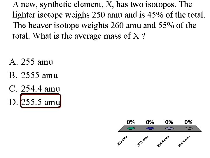 A new, synthetic element, X, has two isotopes. The lighter isotope weighs 250 amu