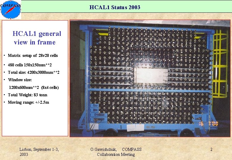 HCAL 1 Status 2003 HCAL 1 general view in frame • Matrix setup of
