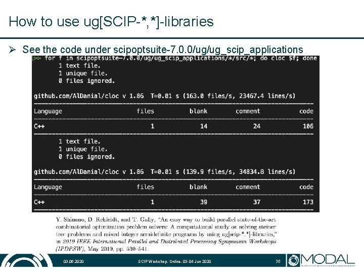 How to use ug[SCIP-*, *]-libraries Ø See the code under scipoptsuite-7. 0. 0/ug/ug_scip_applications 03.