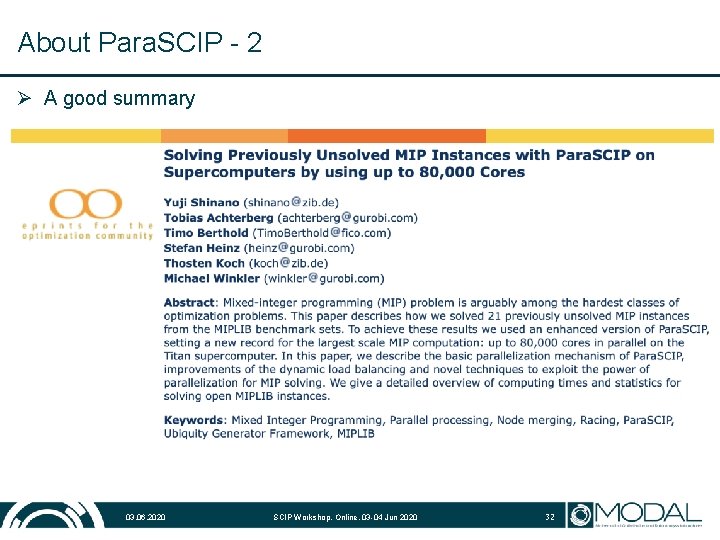 About Para. SCIP - 2 Ø A good summary 03. 06. 2020 SCIP Workshop,