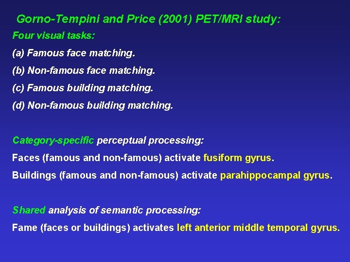 Gorno-Tempini and Price (2001) PET/MRI study: Four visual tasks: (a) Famous face matching. (b)