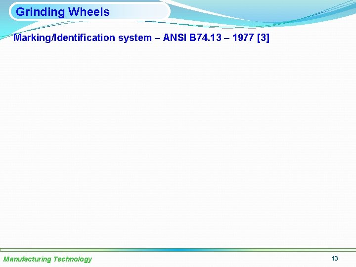 Grinding Wheels Marking/Identification system – ANSI B 74. 13 – 1977 [3] Manufacturing Technology