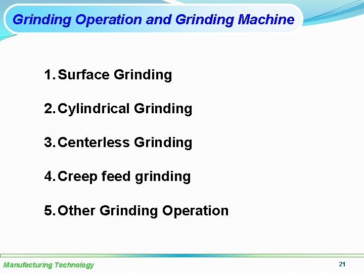 Grinding Operation and Grinding Machine 1. Surface Grinding 2. Cylindrical Grinding 3. Centerless Grinding