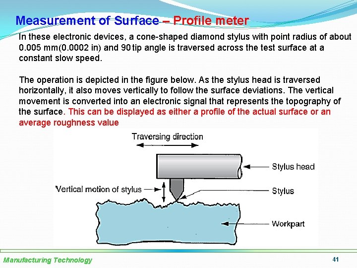 Measurement of Surface – Profile meter In these electronic devices, a cone-shaped diamond stylus