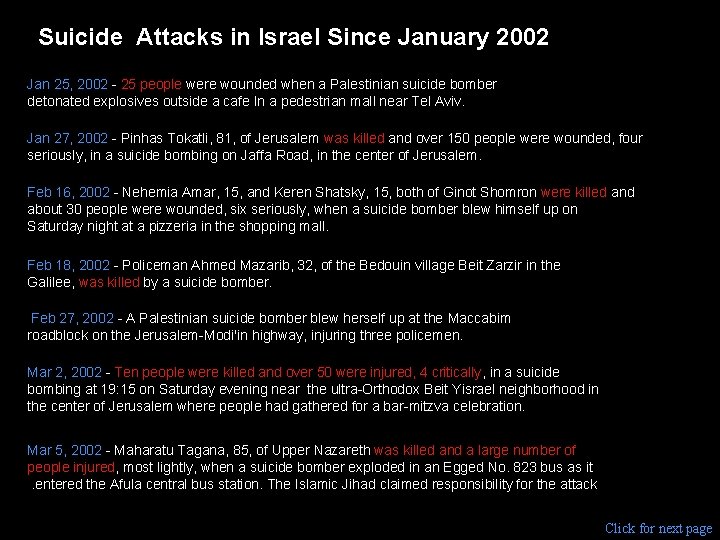 Suicide Attacks in Israel Since January 2002 Jan 25, 2002 - 25 people were