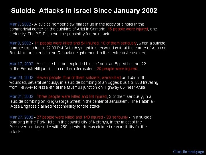 Suicide Attacks in Israel Since January 2002 Mar 7, 2002 - A suicide bomber