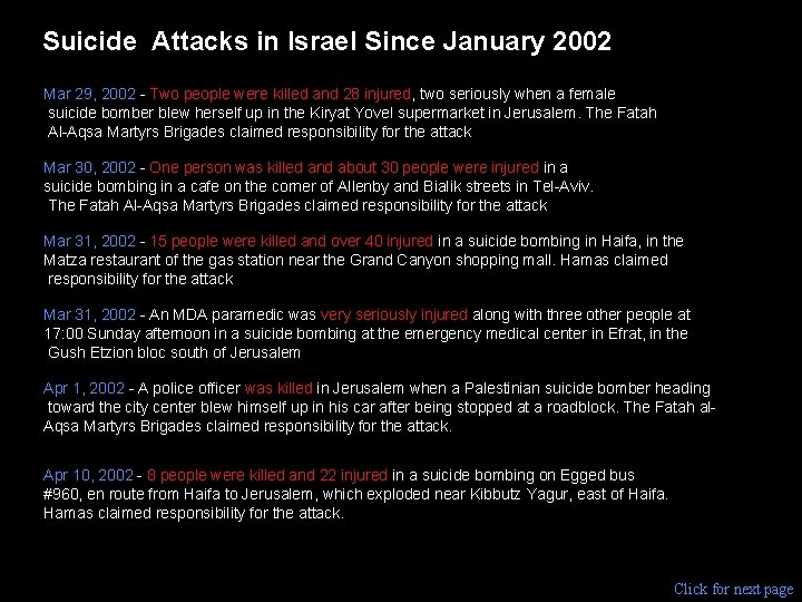 Suicide Attacks in Israel Since January 2002 Mar 29, 2002 - Two people were