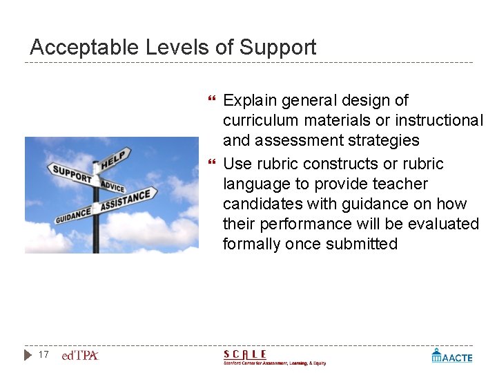 Acceptable Levels of Support 17 Explain general design of curriculum materials or instructional and