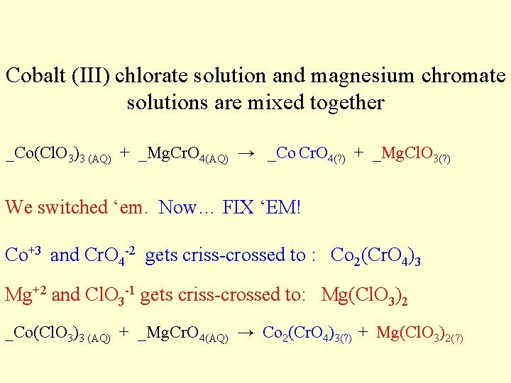 Cobalt (III) chlorate solution and magnesium chromate solutions are mixed together _Co(Cl. O 3)3