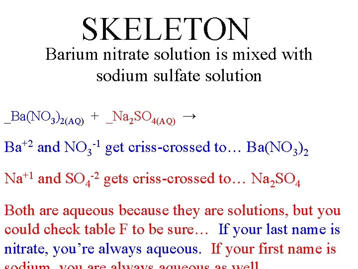 SKELETON Barium nitrate solution is mixed with sodium sulfate solution _Ba(NO 3)2(AQ) + _Na