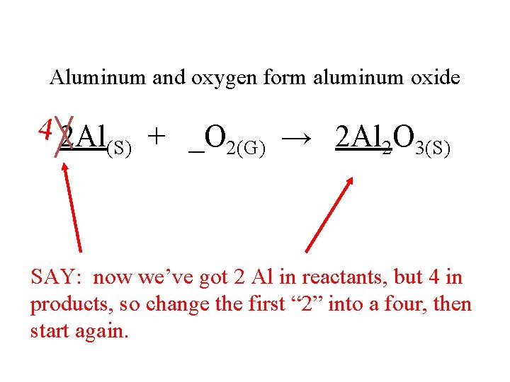 Aluminum and oxygen form aluminum oxide 4 2 Al (S) + _O 2(G) →
