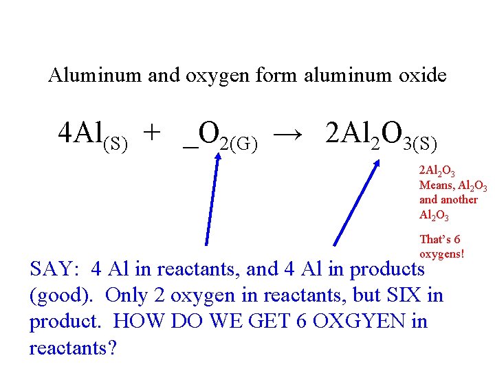 Aluminum and oxygen form aluminum oxide 4 Al(S) + _O 2(G) → 2 Al