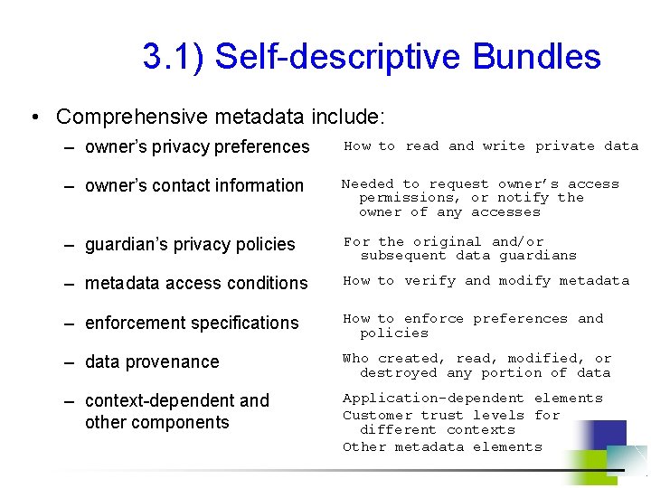 3. 1) Self-descriptive Bundles • Comprehensive metadata include: – owner’s privacy preferences How to