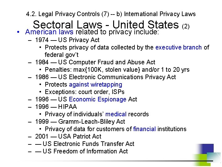 4. 2. Legal Privacy Controls (7) -- b) International Privacy Laws Sectoral Laws -