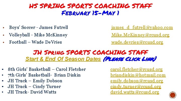 HS SPRING SPORTS COACHING STAFF February 15 -May 1 ▪ Boys’ Soccer - James