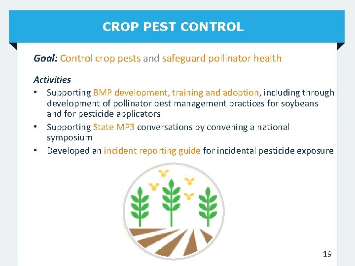 CROP PEST CONTROL Goal: Control crop pests and safeguard pollinator health Activities • Supporting