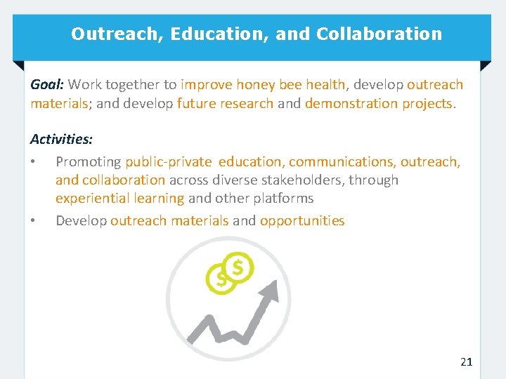 Outreach, Education, and Collaboration Goal: Work together to improve honey bee health, develop outreach