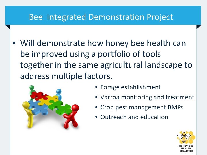 Bee Integrated Demonstration Project • Will demonstrate how honey bee health can be improved