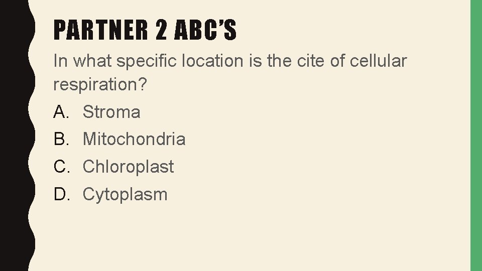 PARTNER 2 ABC’S In what specific location is the cite of cellular respiration? A.