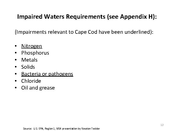 Impaired Waters Requirements (see Appendix H): (Impairments relevant to Cape Cod have been underlined):