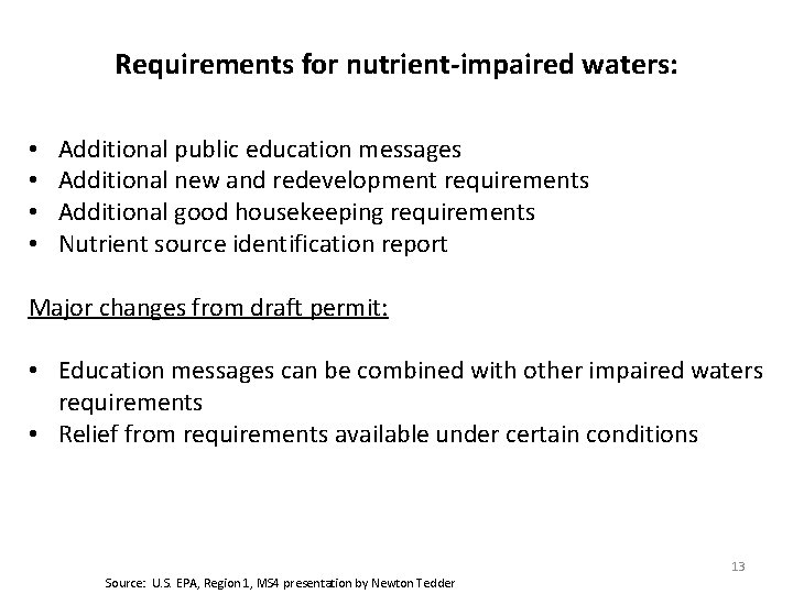 Requirements for nutrient-impaired waters: • • Additional public education messages Additional new and redevelopment