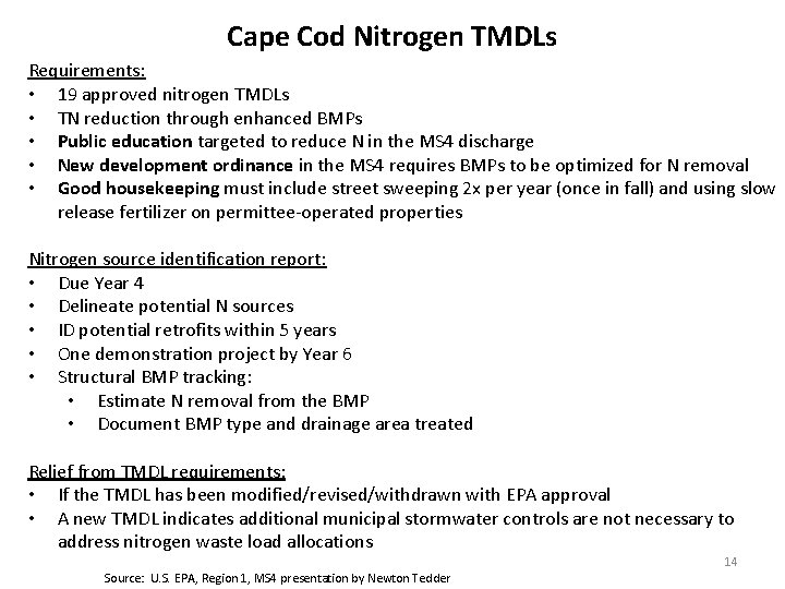 Cape Cod Nitrogen TMDLs Requirements: • 19 approved nitrogen TMDLs • TN reduction through