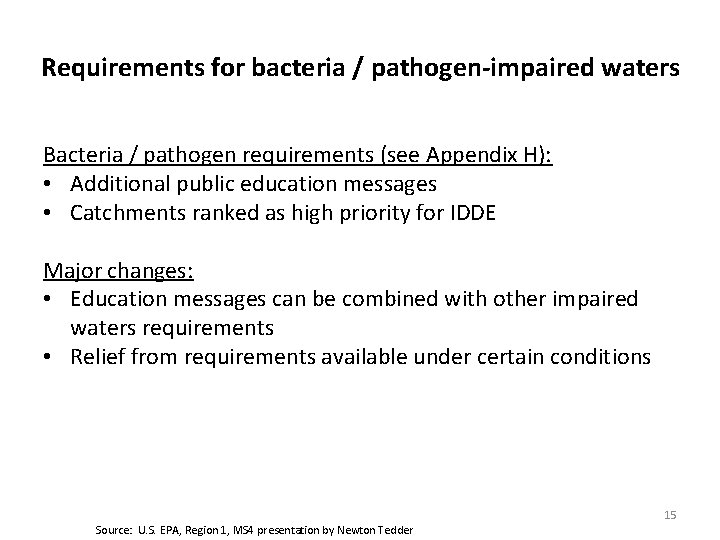 Requirements for bacteria / pathogen-impaired waters Bacteria / pathogen requirements (see Appendix H): •