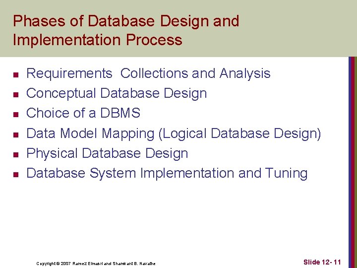 Phases of Database Design and Implementation Process n n n Requirements Collections and Analysis